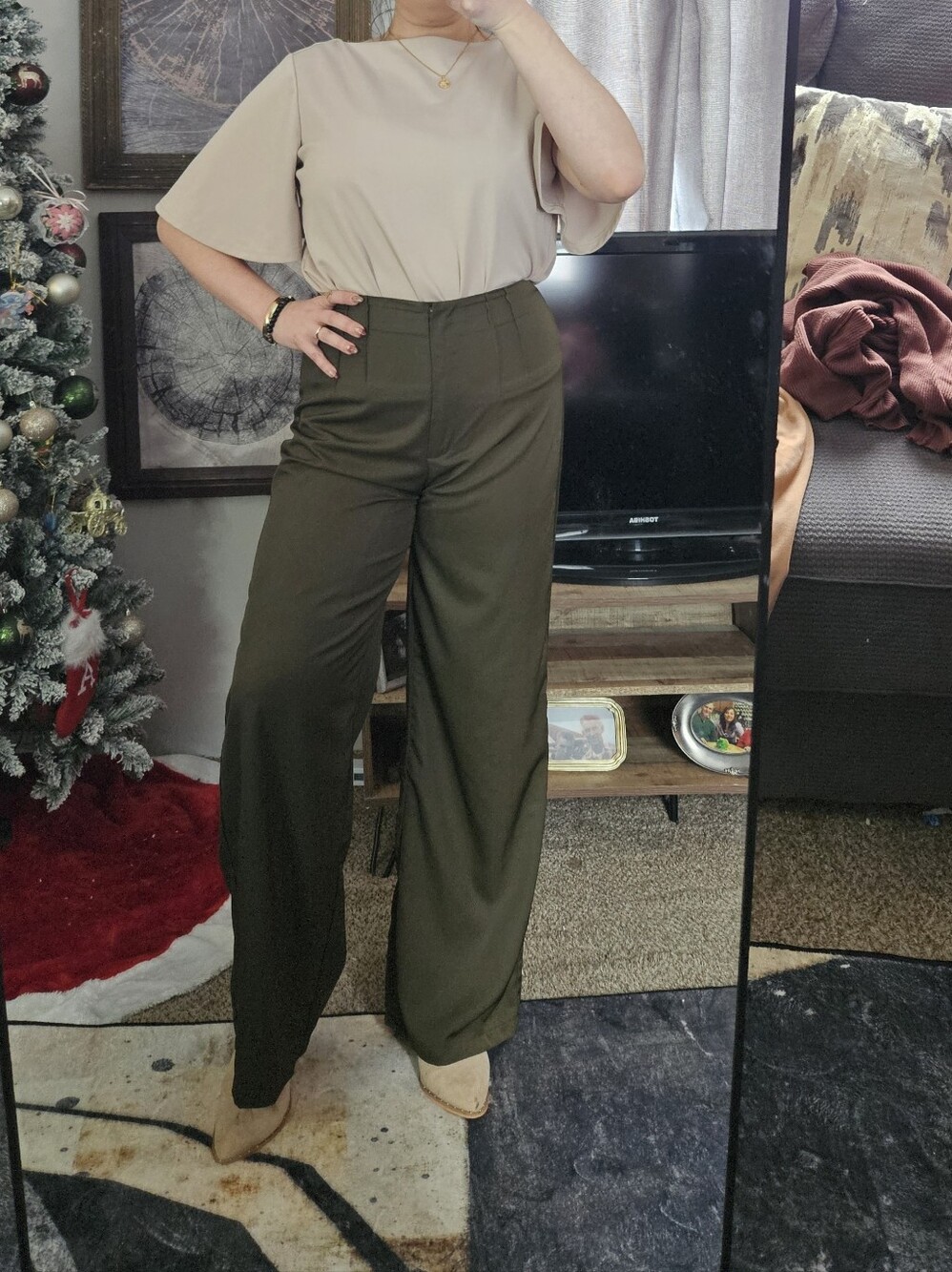 SHEIN Olive Green High-Waist Wide-Leg Pants